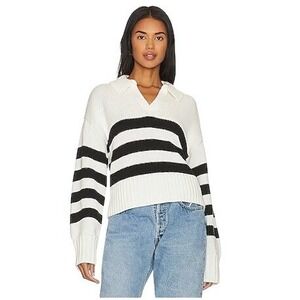 PISTOLA Cream Black Stripe Collared V-Neck Knit Sweater Pullover XS Quiet Luxury